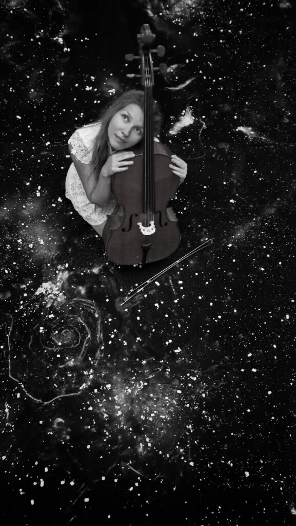 Portrait of young multimedia artist Maria Sky with cello in her installation "Spazio dei Mille spazi", Cesena, Italy, 2024